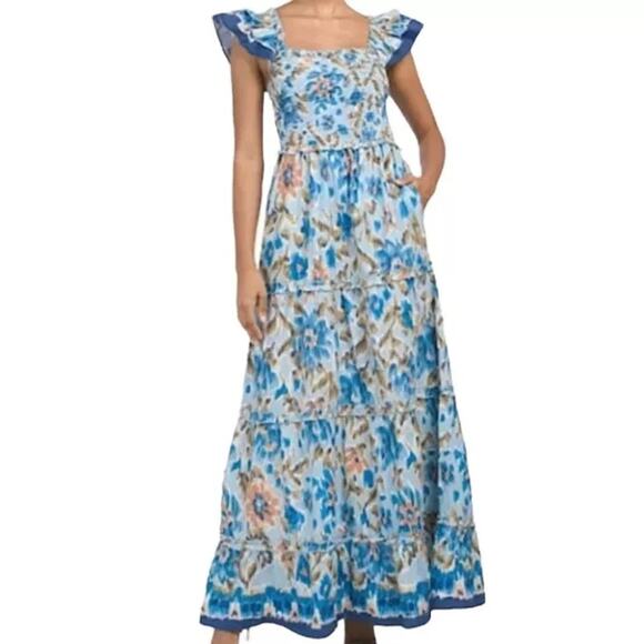 House of Harlow 1960 Zoey Floral Flutter Sleeve Smocked Tiered Maxi Dress Blue S